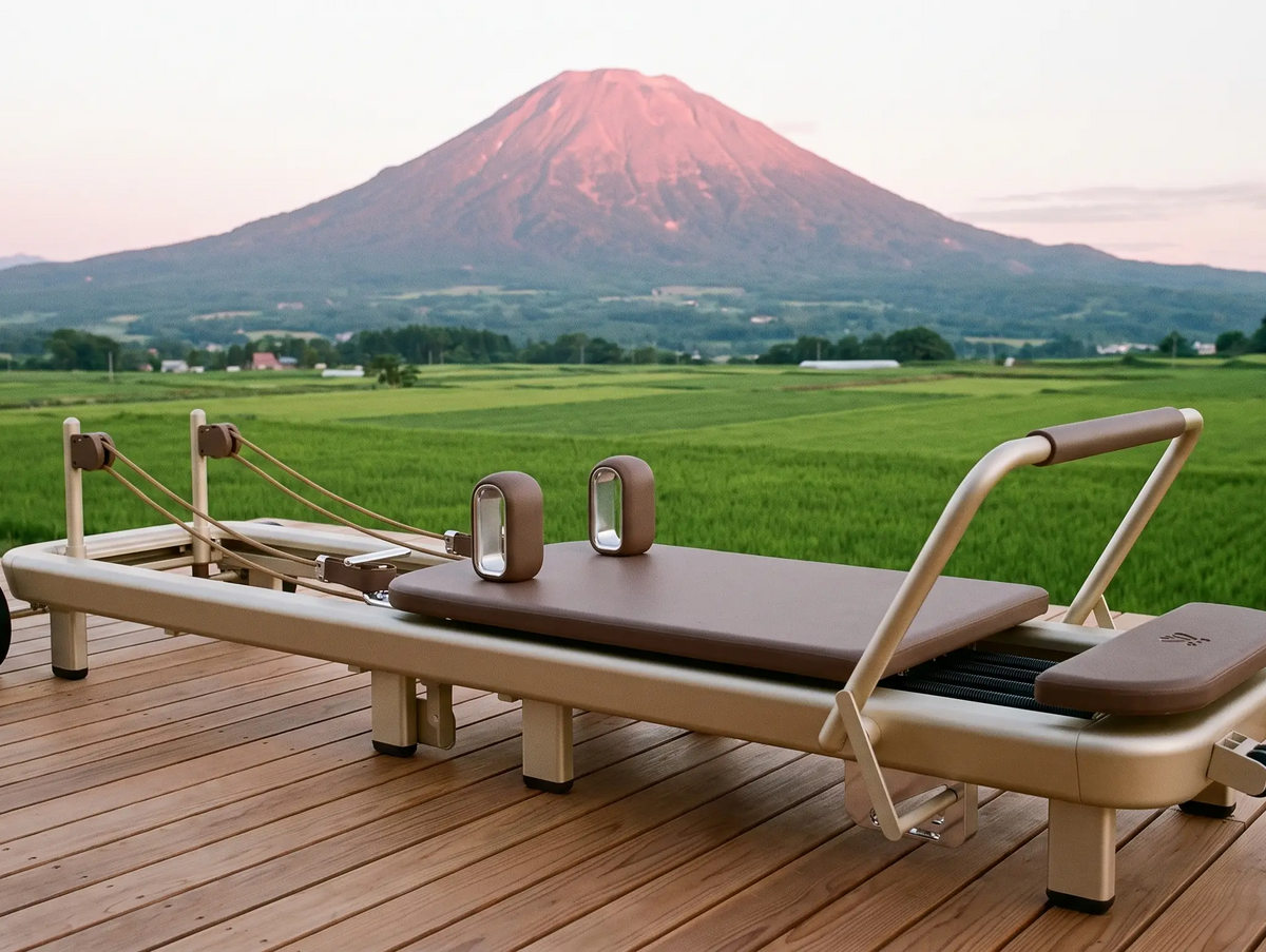 Elemental TerraFold Pilates reformer set up outdoors with Mount Fuji in the background