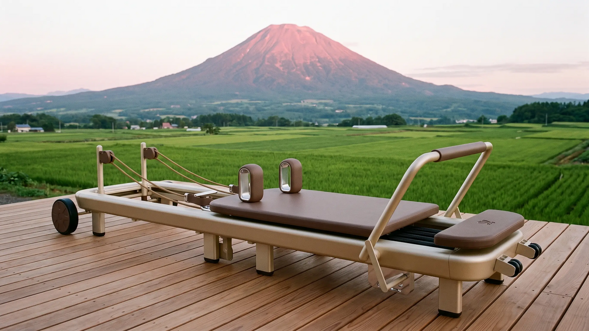 Elemental TerraFold Pilates reformer set up outdoors with Mount Fuji in the background