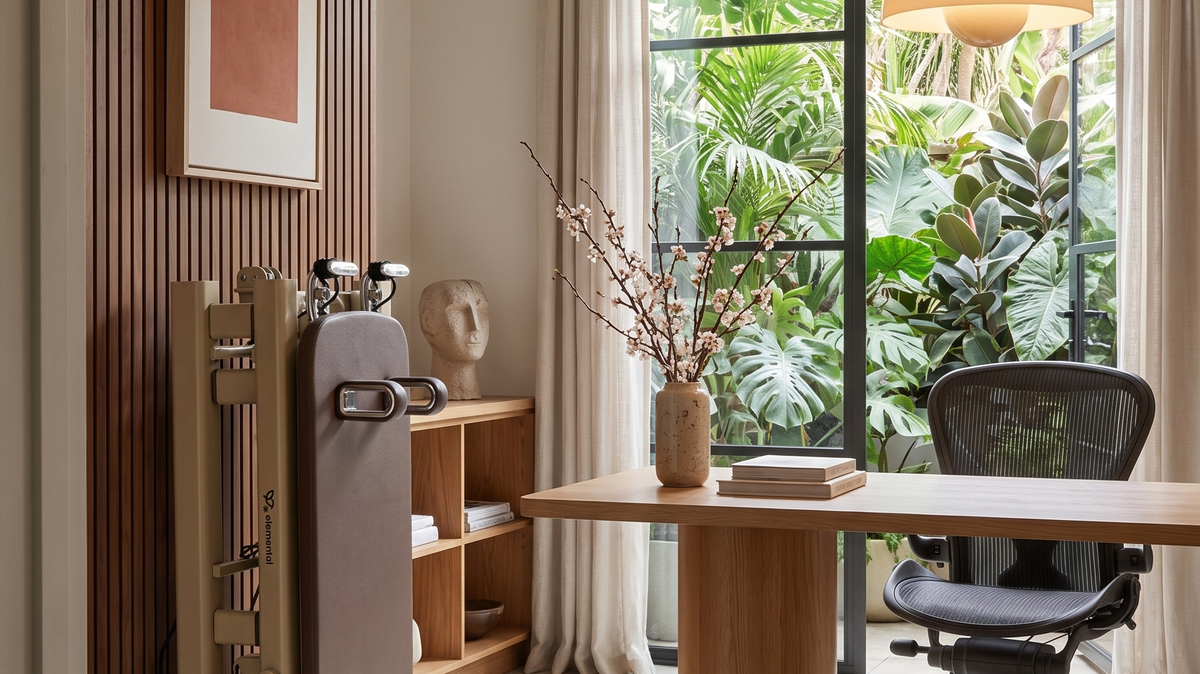 Elemental TerraFold foldable Pilates reformer set up open in a home office
