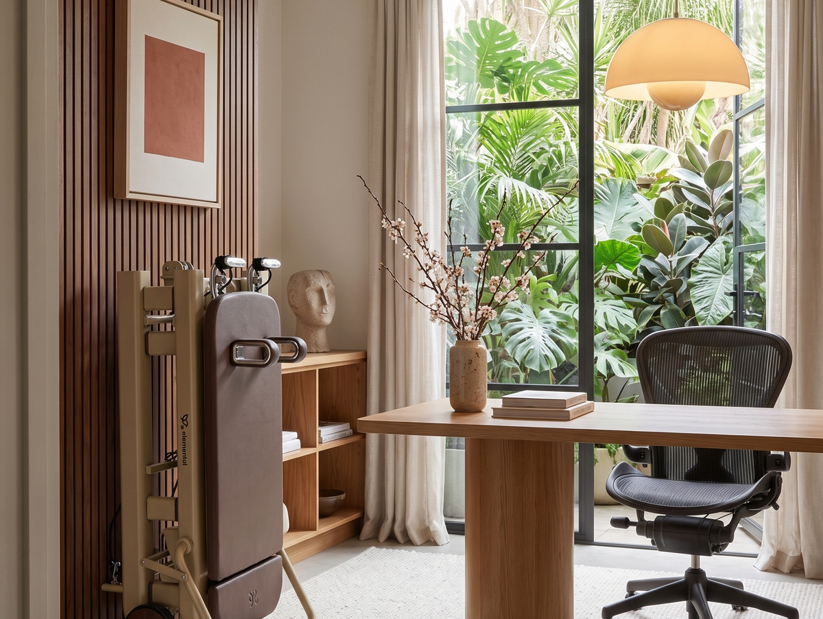 Elemental TerraFold foldable Pilates reformer set up open in a home office