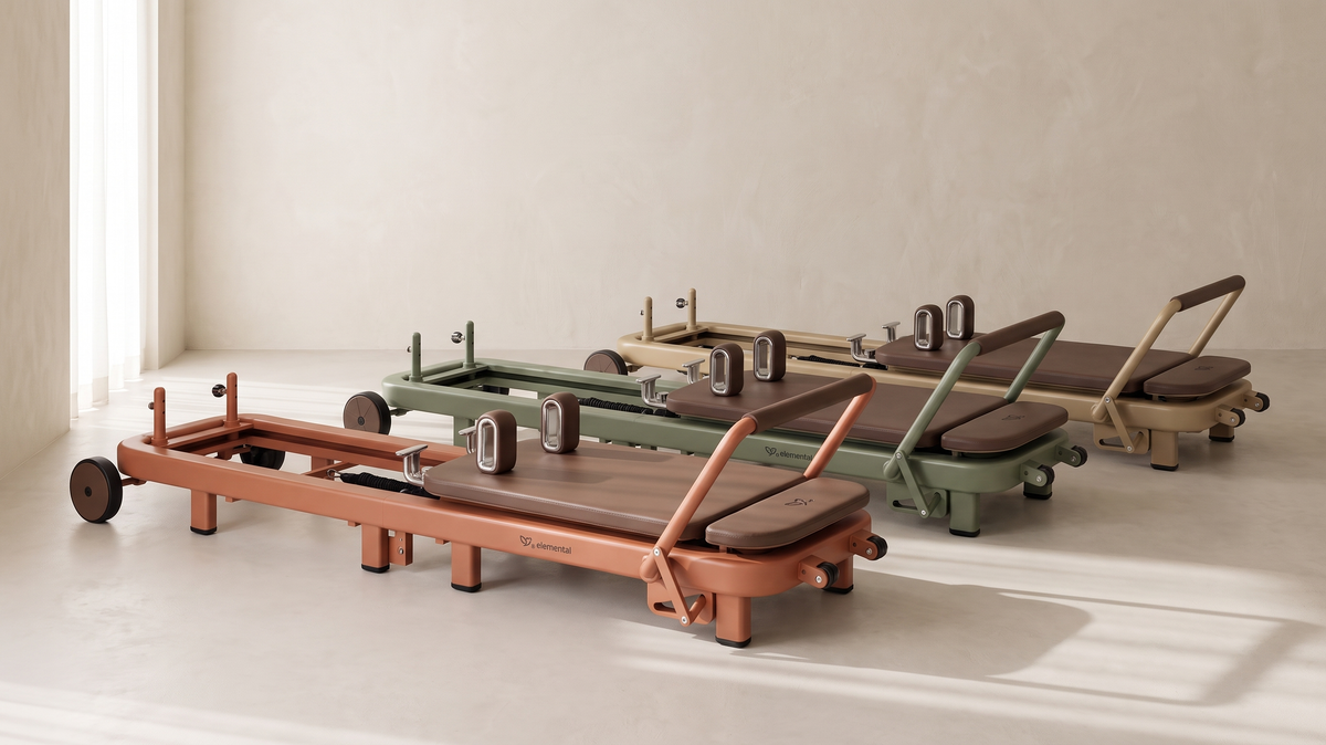 Three Elemental TerraFold Pilates reformers in the Au Sable, Au Jardin and Au Terroir colourways