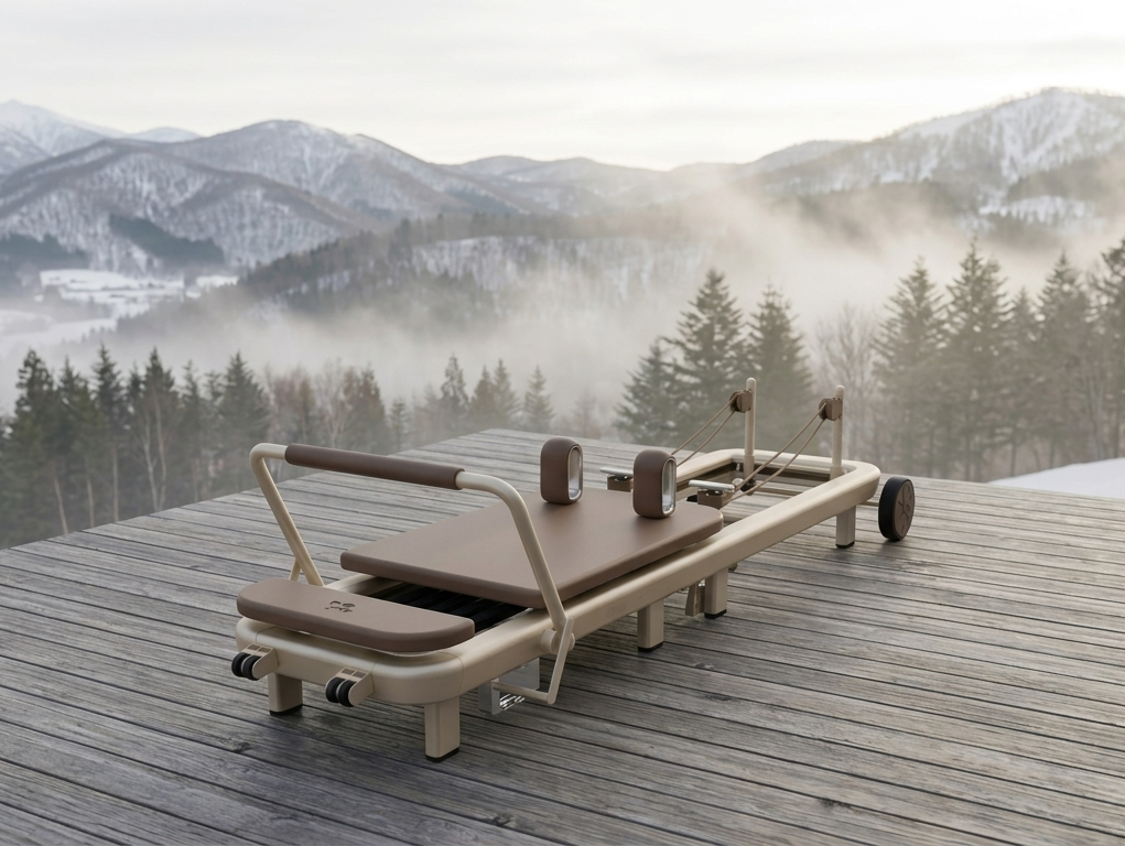 Elemental TerraFold Pilates reformer set up on an outdoor deck
