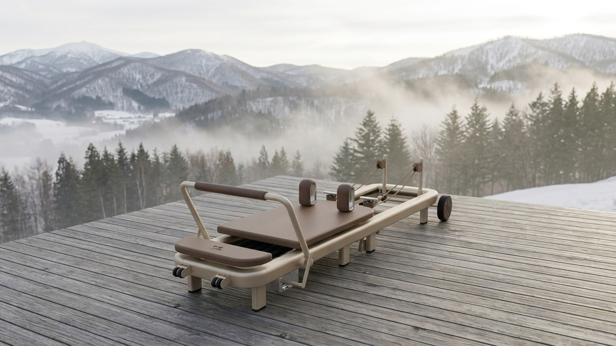 Elemental TerraFold Pilates reformer set up on an outdoor deck