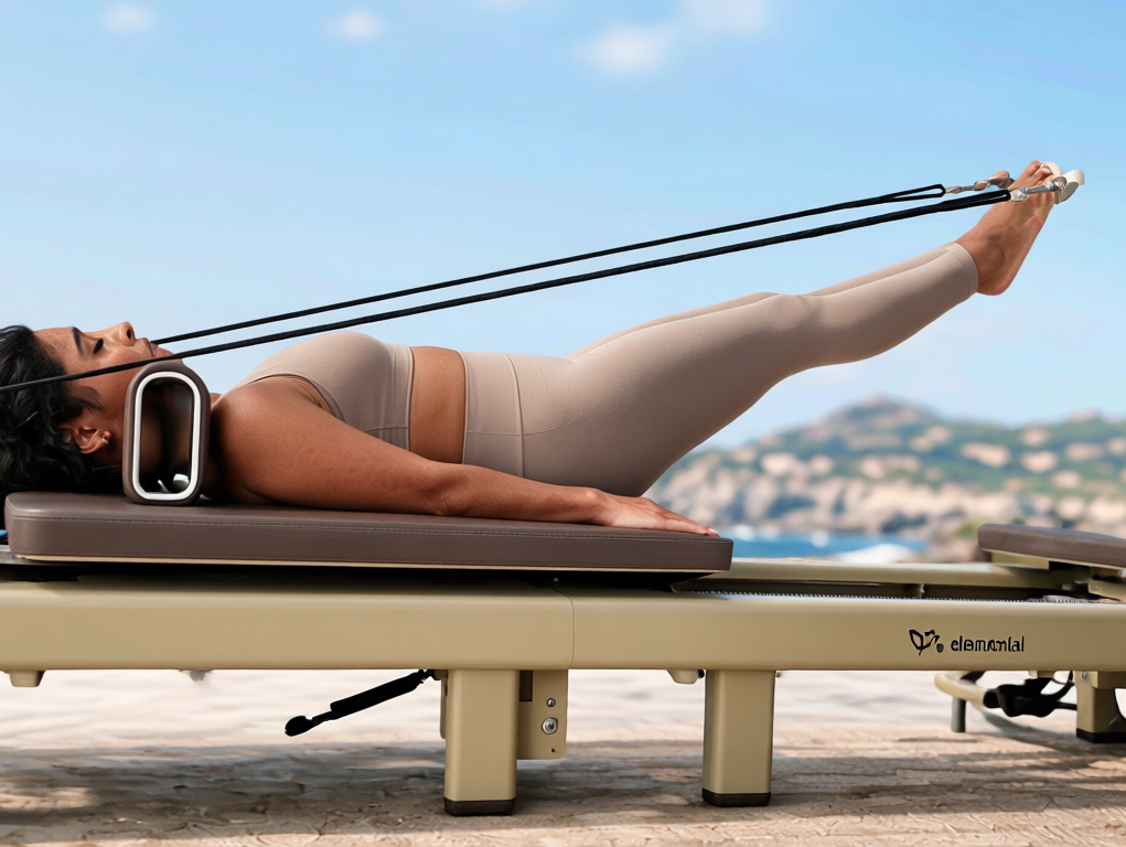 Pilates practitioner moving on the Elemental TerraFold reformer in an editorial outdoor setting