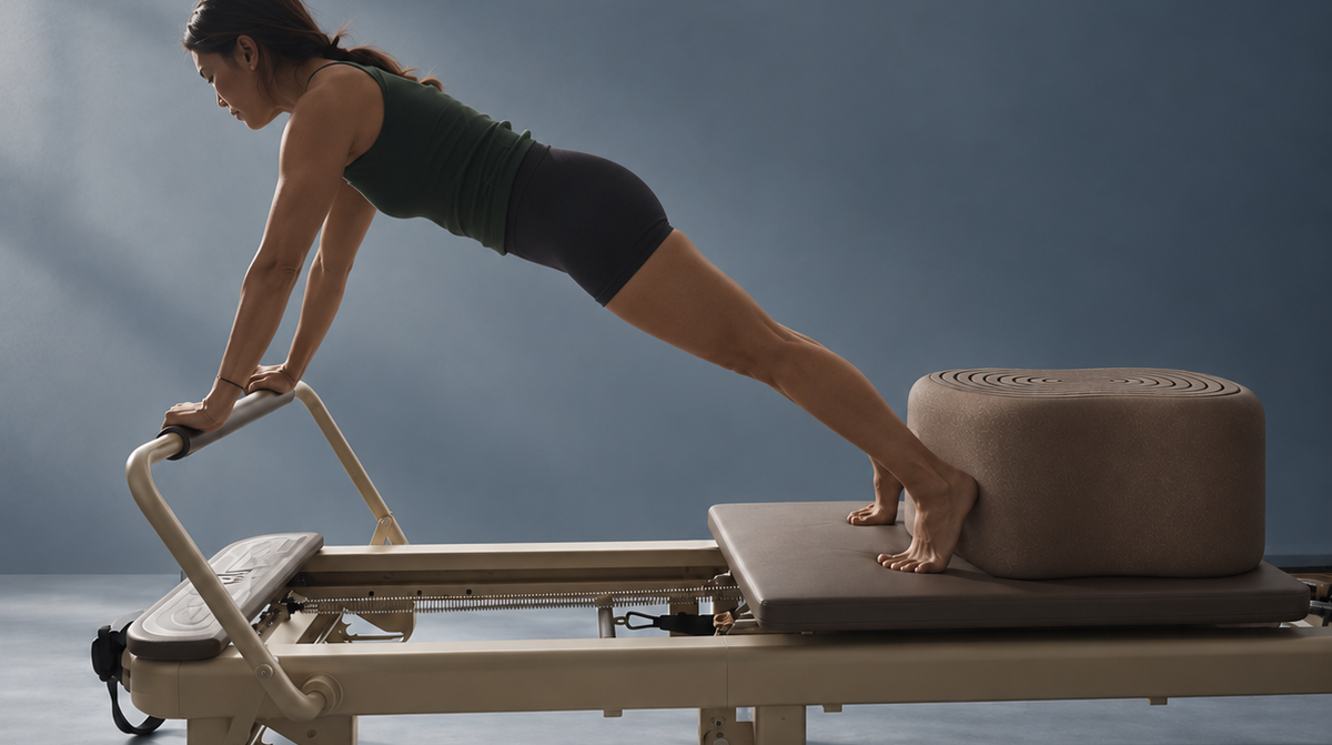 Pilates practitioner using Pebble during reformer movement