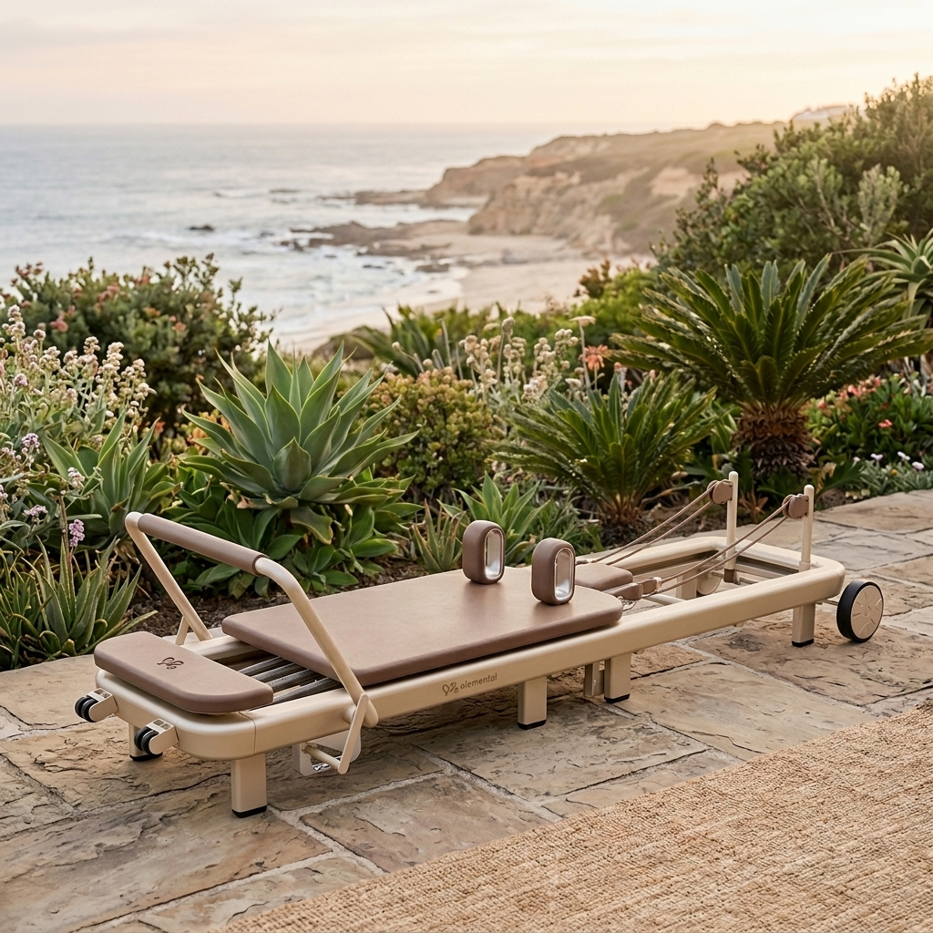 Elemental TerraFold Pilates reformer on a European-style terrace
