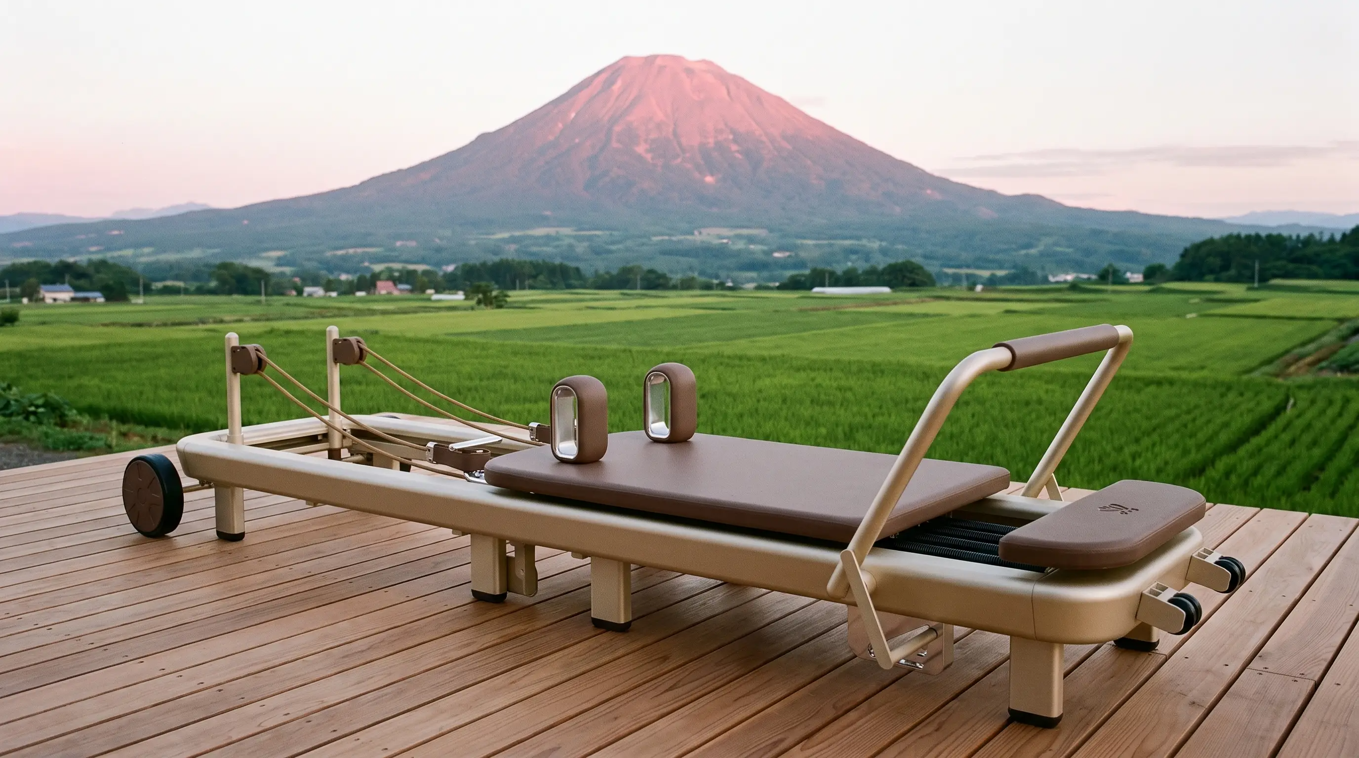 Elemental TerraFold Pilates reformer set up outdoors with Mount Fuji in the background