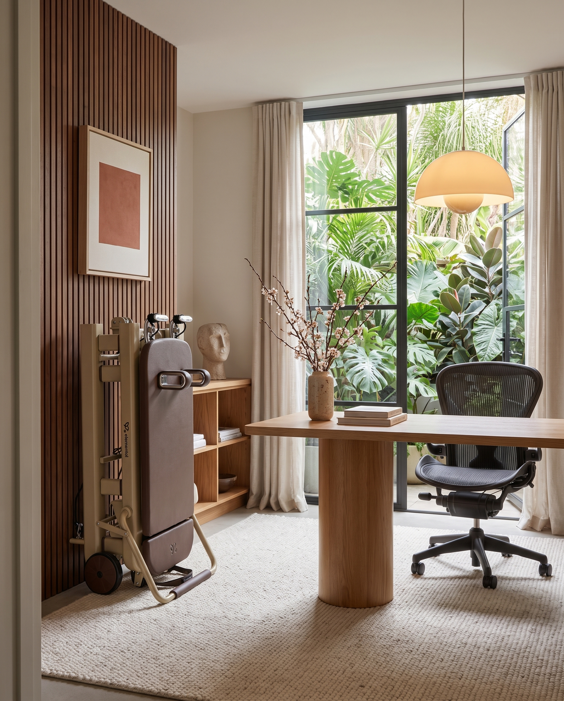 Elemental TerraFold foldable Pilates reformer set up open in a home office