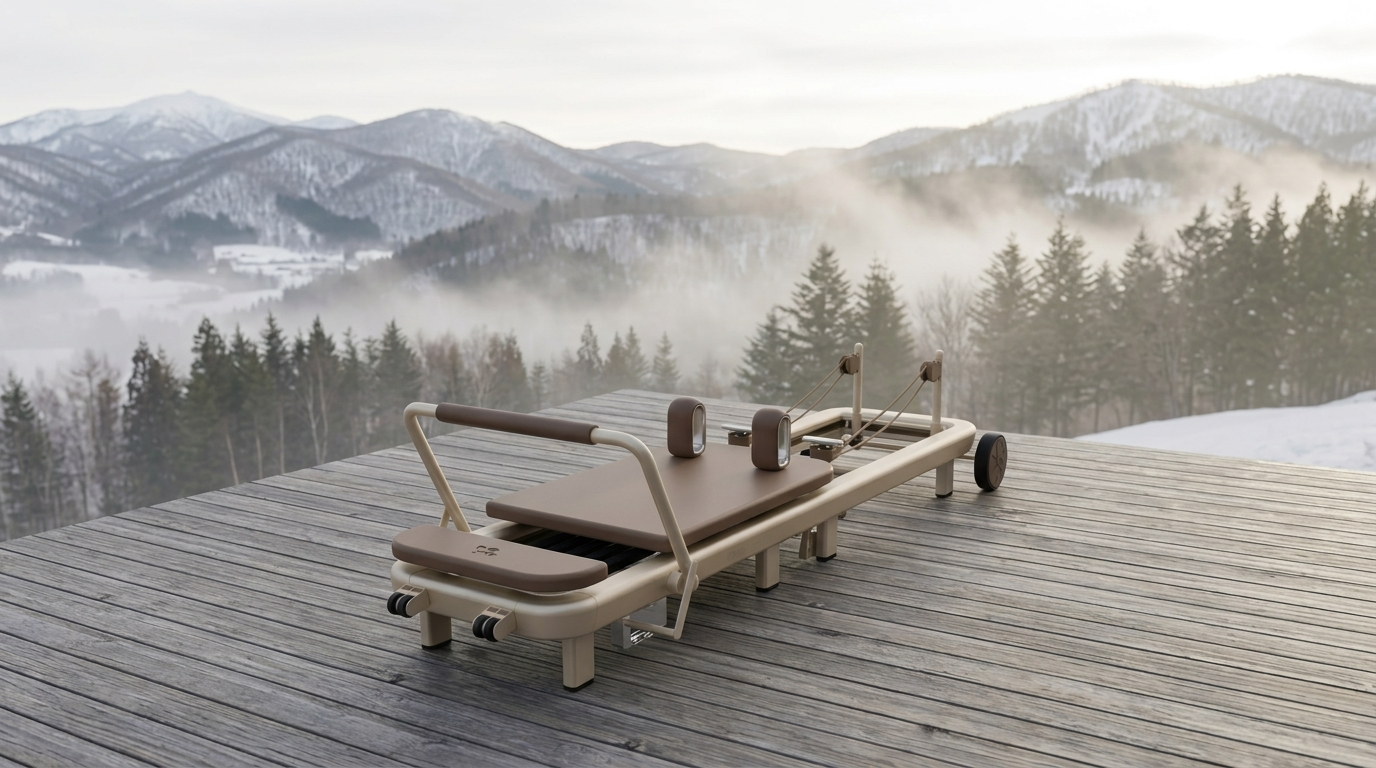 Elemental TerraFold Pilates reformer set up on an outdoor deck