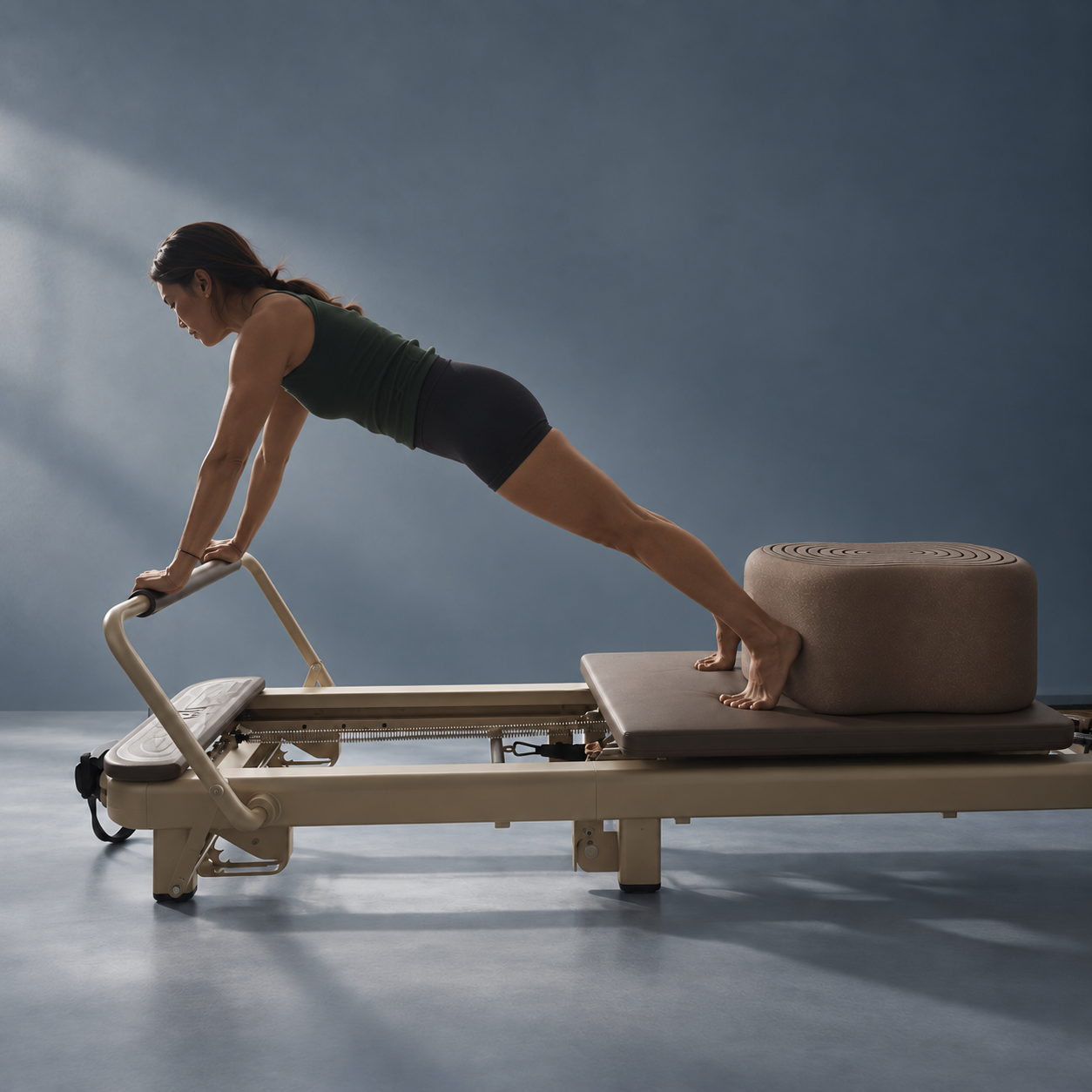 Pilates practitioner using Pebble during reformer movement